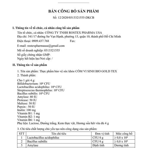 Cốm Vi Sinh Bio Gold Tex HD Pharma (H/30g/4gr)