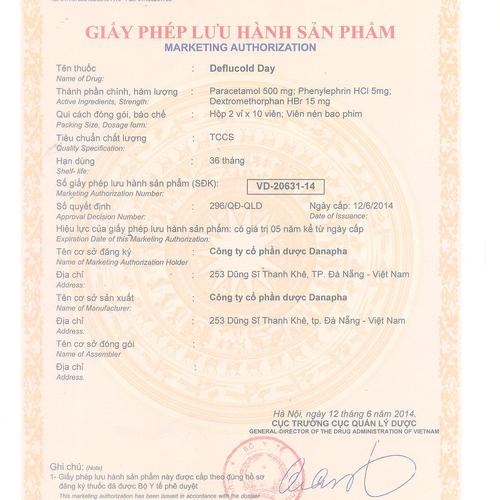 Deflucold Day (Paracetamol, Phenylephrin, Dextromethorphan) Danapha (H/20v)