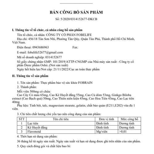 Fobrain Tăng Cường Tuần Hoàn Máu Não Fobelife (H/20v)