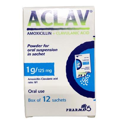 Aclav 1g/125 (Amoxicillin, Acid Clavulanic) Pharma 5 Morocco (Hộp/12 goi)