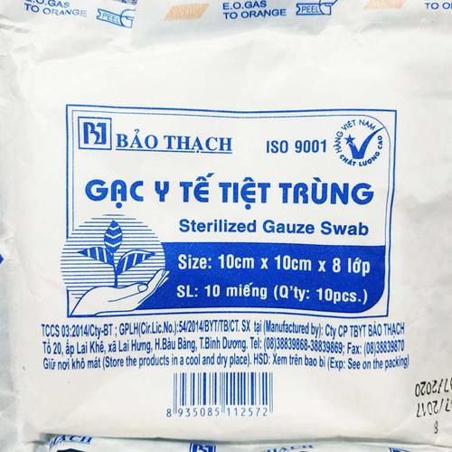 Gạc y tế tiệt trùng Bảo Thạch 10cm x 10cm x 8 lớp (Thùng/10 Cục)