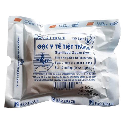Gạc y tế tiệt trùng Bảo Thạch 7.5cm x 7.5cm x 6 lớp - vải không dệt (10 gói)
